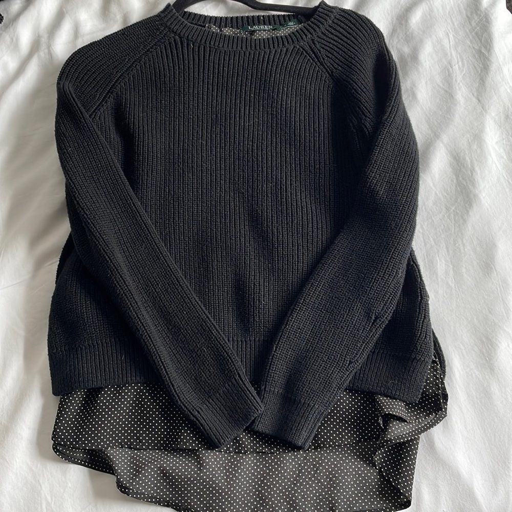 Ralph Lauren black sweater with built in polka dot silk shirt
